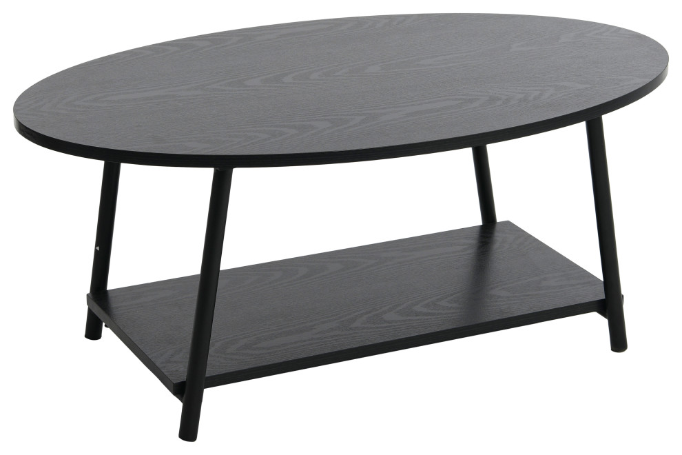 Jamestown Oval Coffee Table, Storage Shelf Black Oak Wood Grain, Black Metal Midcentury
