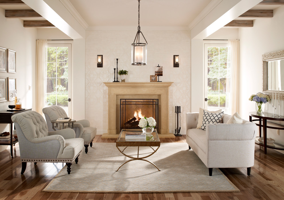 Transitional living room photo in San Diego with a concrete fireplace