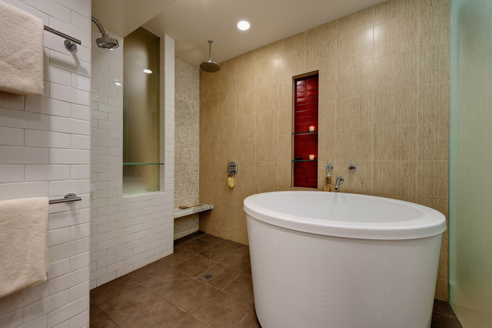 Large contemporary master bathroom in San Francisco with a japanese tub, a curbless shower, beige tile, red tile, ceramic tile, beige walls, ceramic floors and brown floor.