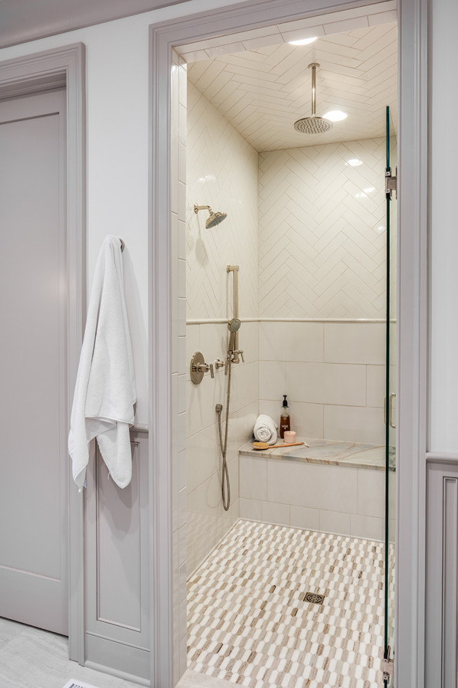 Example of a large transitional white tile and porcelain tile mosaic tile floor walk-in shower design with white walls and a hinged shower door