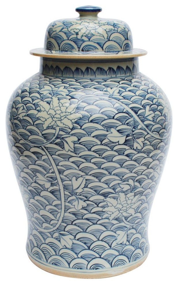 Blue and White Floral Waves Motif Porcelain Temple Jar, 18"