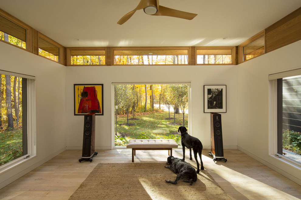 This is an example of a contemporary family room in Minneapolis with white walls and light hardwood floors.