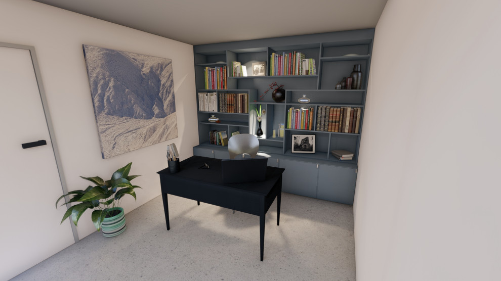 Ejemplo de despacho contemporáneo de tamaño medio con paredes blancas, suelo de cemento y suelo blanco