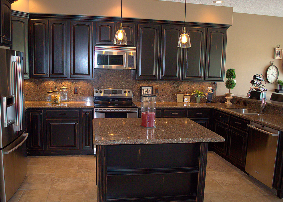 Inspiration for a mid-sized transitional ceramic tile open concept kitchen remodel in Orlando with a double-bowl sink, raised-panel cabinets, distressed cabinets, quartz countertops, beige backsplash, stainless steel appliances and an island