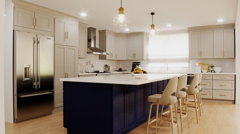 Example of a large galley laminate floor and yellow floor kitchen design in Atlanta with a farmhouse sink, shaker cabinets, gray cabinets, marble countertops, white backsplash, ceramic backsplash, stainless steel appliances, an island and white countertops