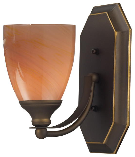 Vanity 1-Light Bathbar in Aged Bronze and Sandy Glass