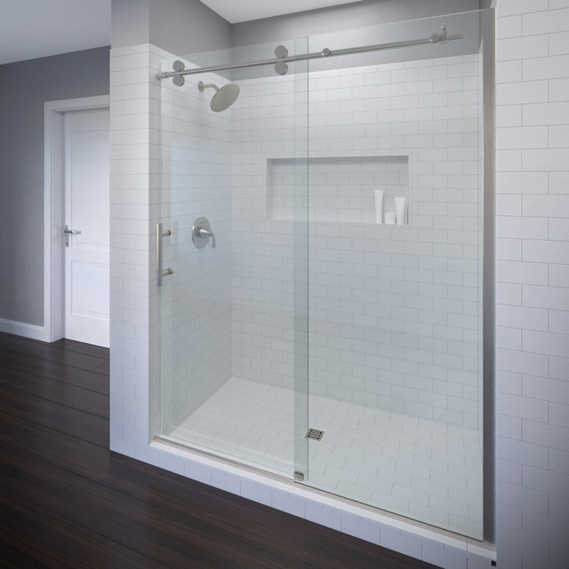 Vinesse Lux Frameless Sliding Shower Door, Fits 57-59", Brushed Nickel, Aquaglid