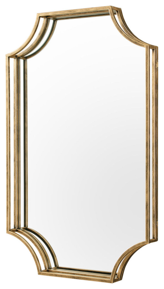 32" Rectangle Notched Corner Metal Framed Mirror, Antique Brass Contemporary Wall Mirrors