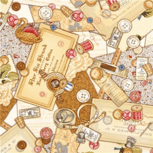 beige Robert Kaufman vintage sewing fabric pin cushion Fabric by Kawaii Fabric Shop