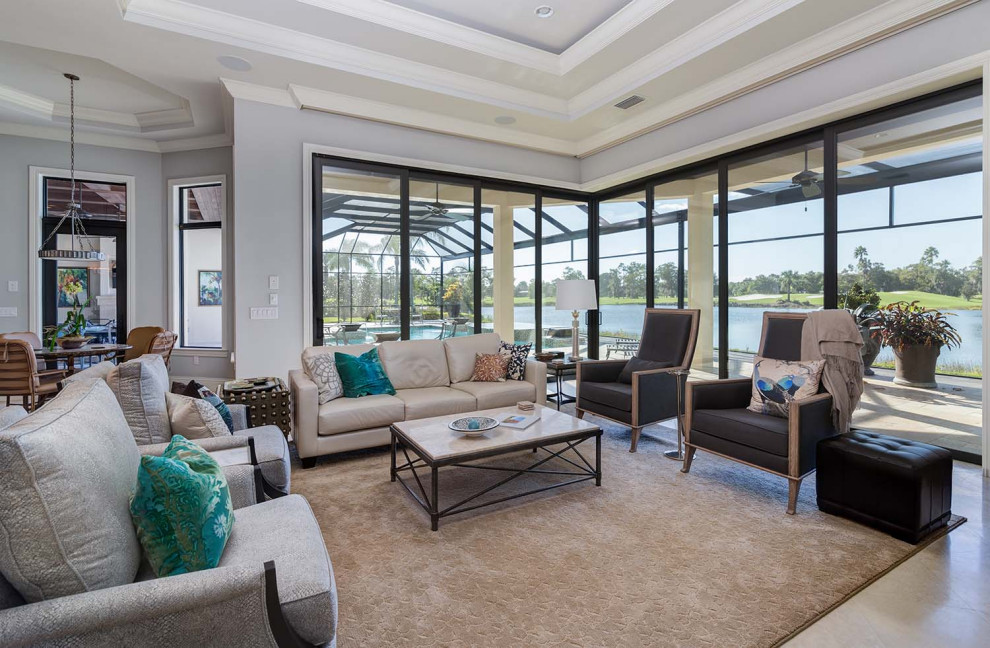 Island style brown floor and coffered ceiling family room photo in Other with gray walls