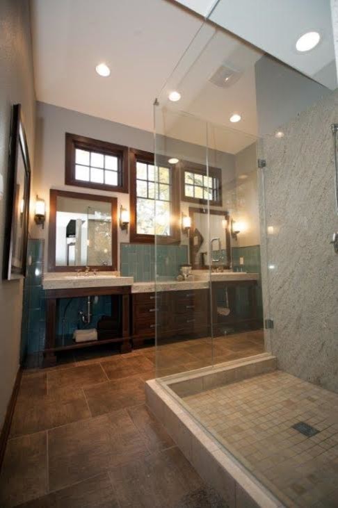 Double shower - transitional ceramic tile double shower idea with granite countertops