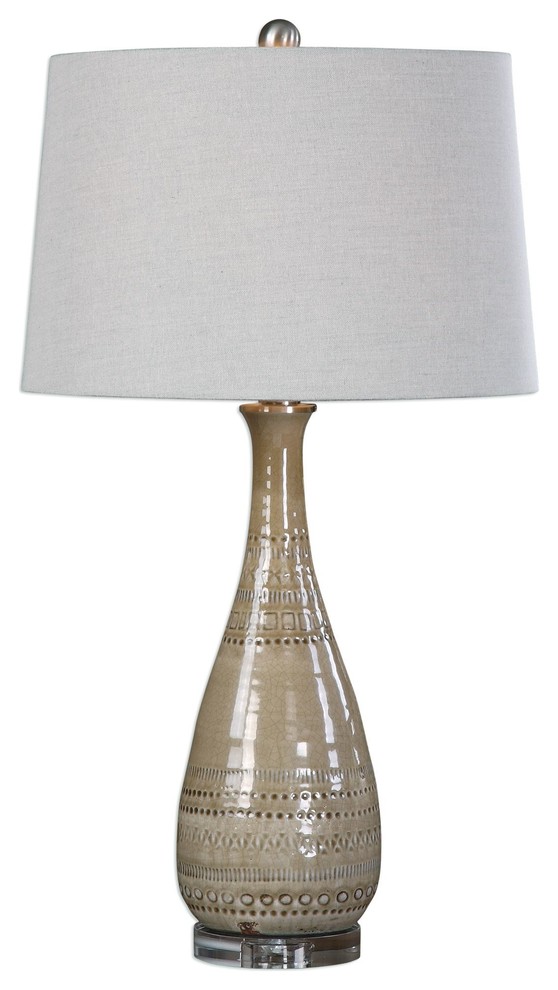 Embossed Ceramic Taupe Tribal Pattern Table Lamp, Pierced Beige Contemporary Table Lamps