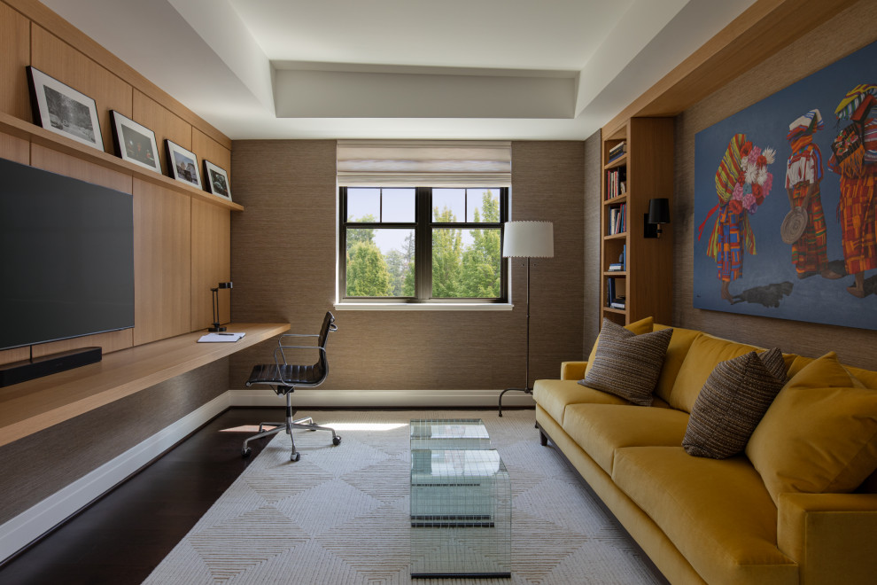 This is an example of a modern study in Portland with a built-in desk and a drop ceiling.