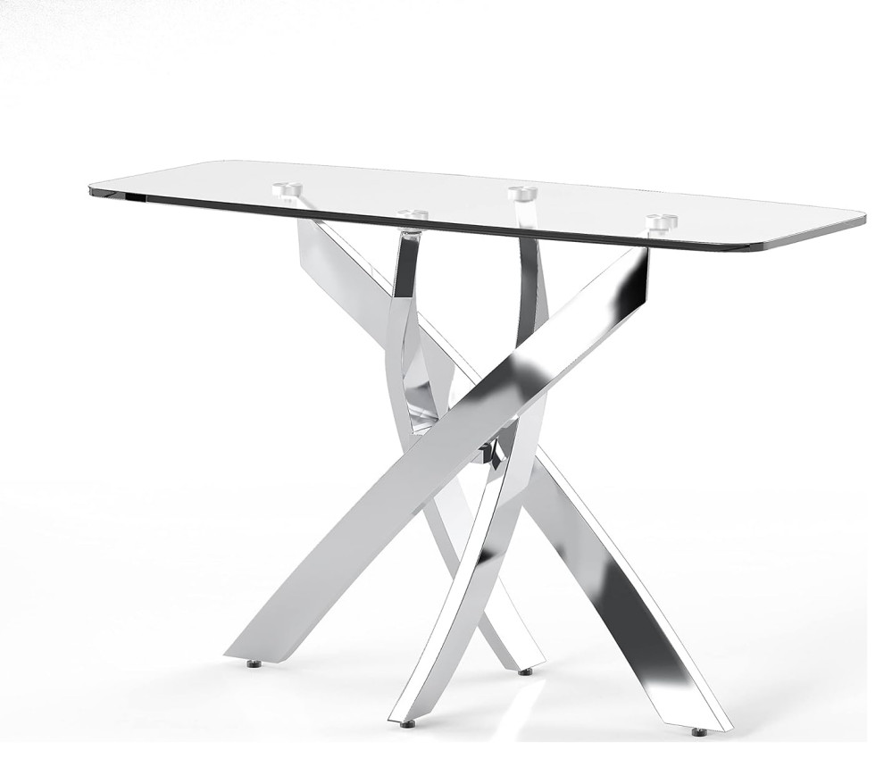 Contemporary Console Table, Unique Interlocking Chrome Base With Clear