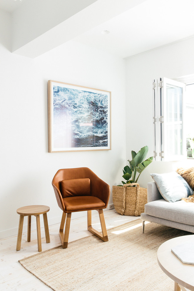 Mid-sized scandinavian living room in Sydney with white walls and painted wood floors.