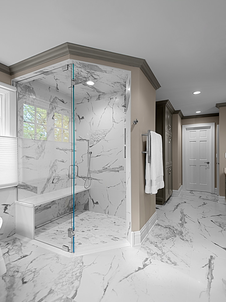 Design ideas for a large transitional master bathroom in Chicago with a curbless shower, white floor, red walls, porcelain floors and a hinged shower door.