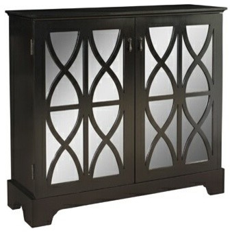 Black Finish Console With Mirrored Glass Doors