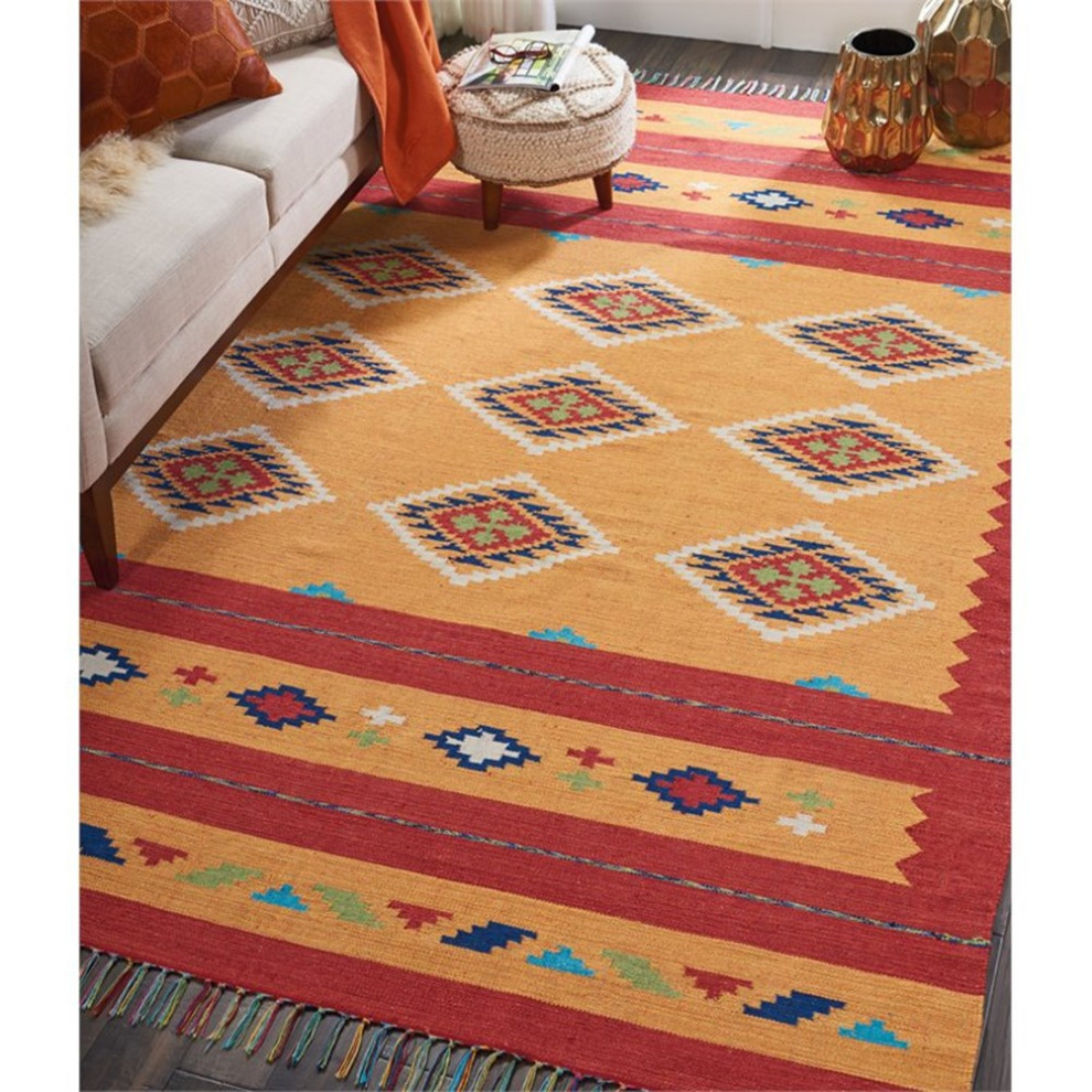 Nourison Baja 96x120" Rectangle Transitional Fabric Area Rug in Yellow/Red