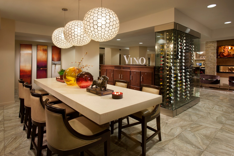 Inspiration for a mid-sized modern wine cellar in Phoenix with ceramic floors, storage racks and multi-coloured floor.
