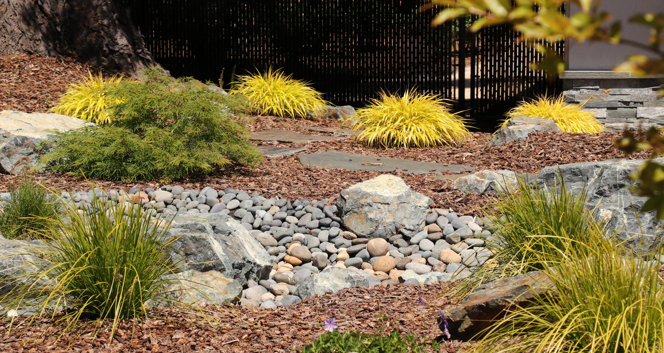 FRONT YARD WITH TREES AND DRY-CREEK