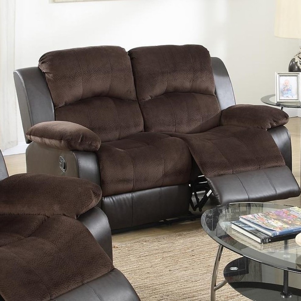 Padded Suede Faux Leather Reclining Loveseat, Brown Contemporary
