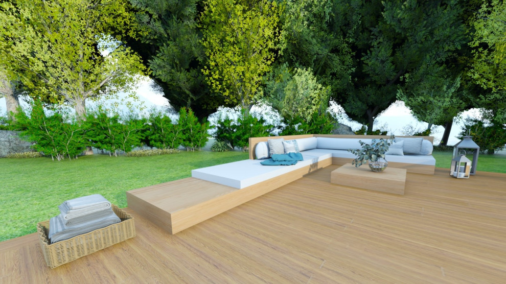 Design ideas for a large mediterranean backyard and ground level deck in Marseille with a container garden.