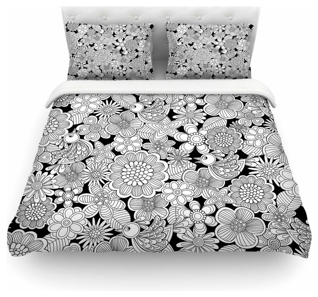 Julia Grifol Welcome White Birds Black Floral Duvet Cover