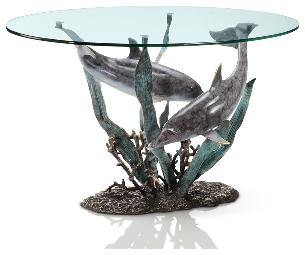 Cast Aluminum Dolphin Duet Glass Top Coffee Table Beach Style