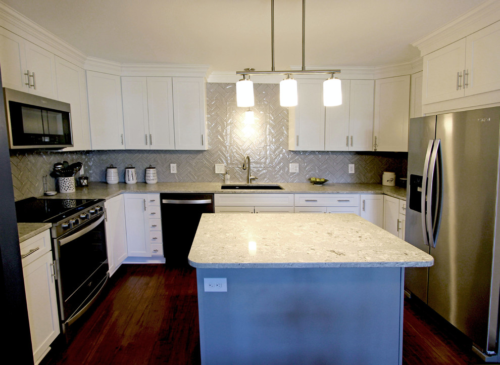 White Kitchen w/ Taupe Quartz Countertops & Gray Subway Tile Backsplash ...