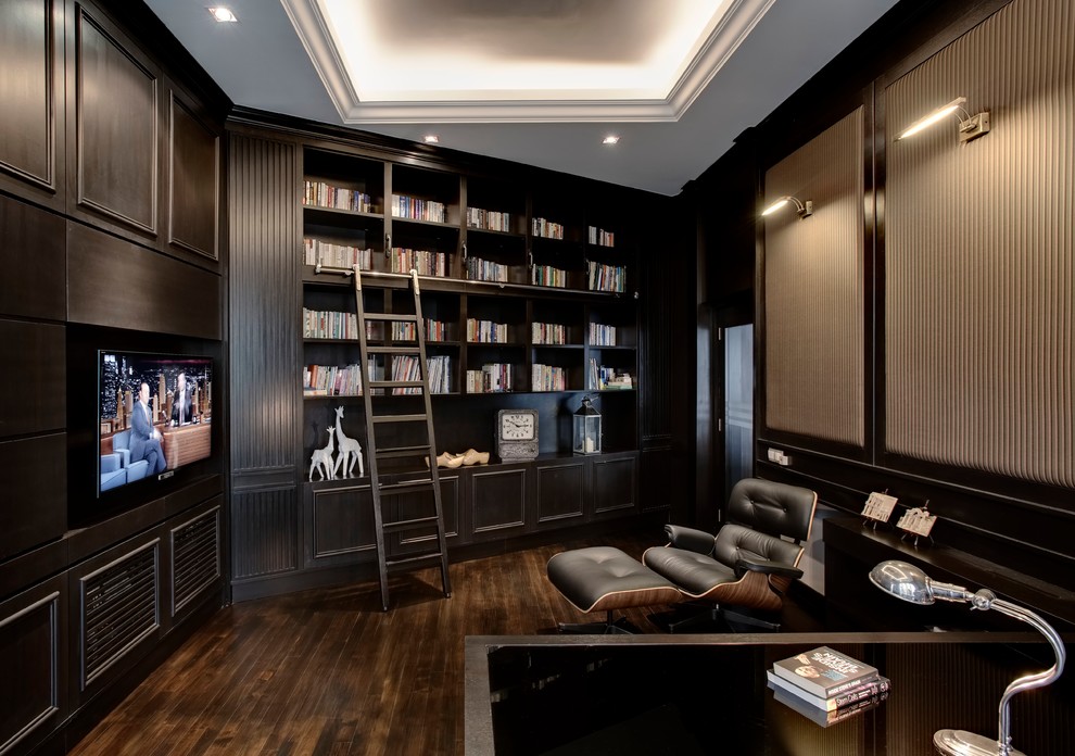 Design ideas for a contemporary study room in Singapore with brown walls, dark hardwood floors and no fireplace.