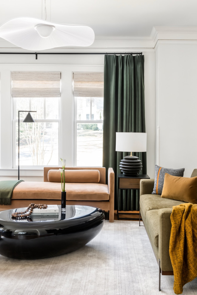 Mid-sized trendy open concept medium tone wood floor family room photo in Atlanta with white walls, a standard fireplace, a tile fireplace and a wall-mounted tv