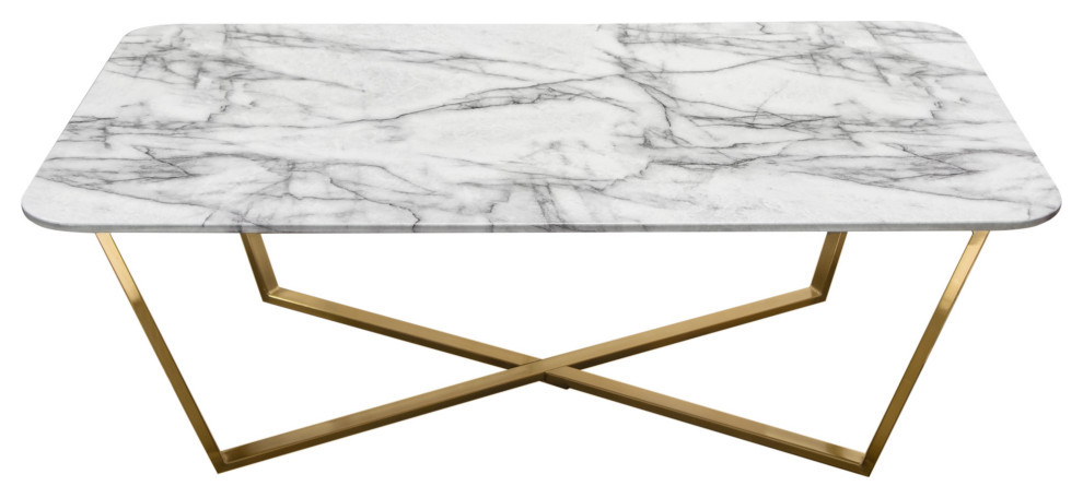 Vida Rectangle Cocktail Table With Faux Marble Top and Brushed Gold ...