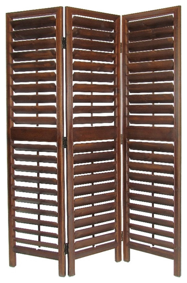Wooden 3 Panel Room Divider with Slatted Design Brown Transitional