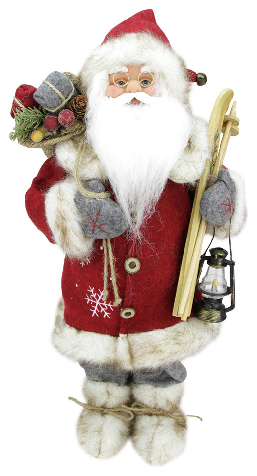 Snowflake Country Santa Claus With Gift Bag and Skis, Red, 19"