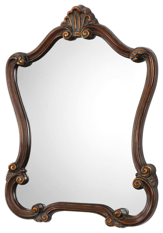 Benzara Octagonal Scalloped and Crown Wooden Wall Mirror, Brown and Silver