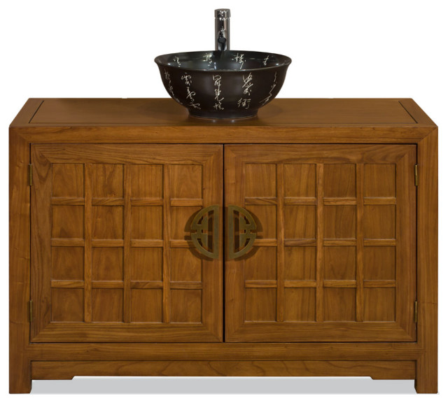 Natural Walnut Elmwood Japanese Sho Ji Vanity with Bowl and