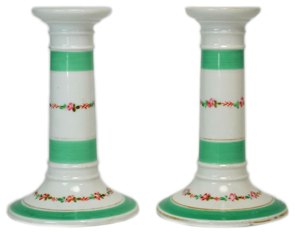 Consigned Porcelain Green Floral Candlesticks, English Victorian, Set of 2