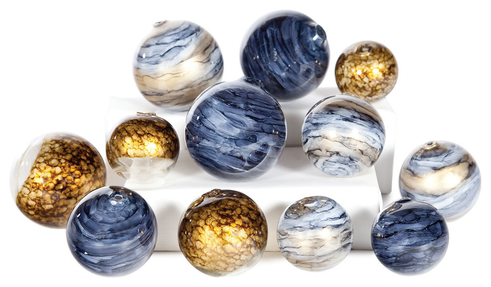 Glass Spheres Set of 12 In Glimmer, Mythic & Cheers