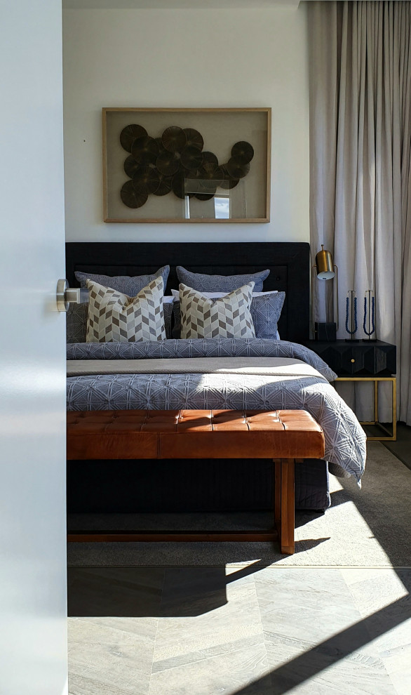 Inspiration for a mid-sized contemporary master bedroom in Gold Coast - Tweed with white walls and grey floor.