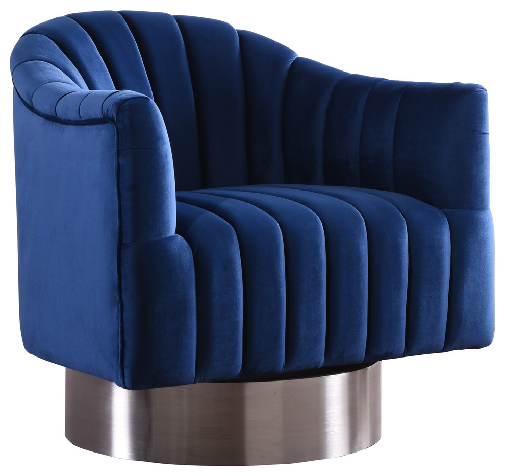 Farrah Velvet Upholstered Accent Chair, Navy, Chrome Swivel Base