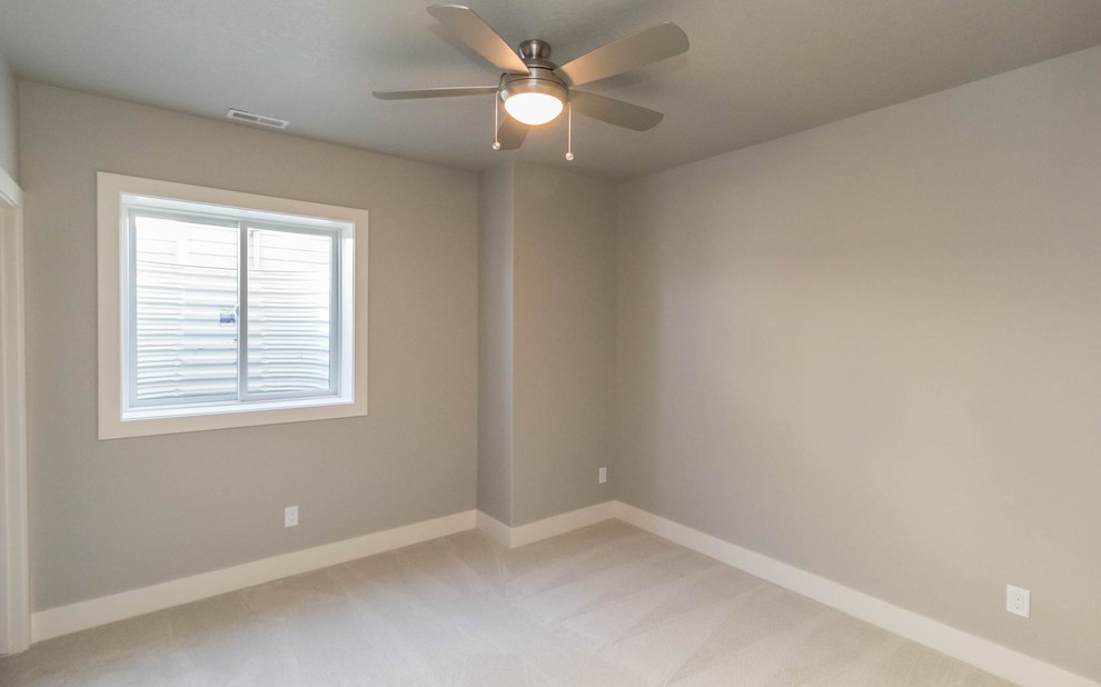 Mid-sized transitional guest carpeted home design photo with gray walls and no fireplace