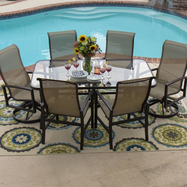 Acadia 6-Person Sling Patio Dining Set With Glass Top Table