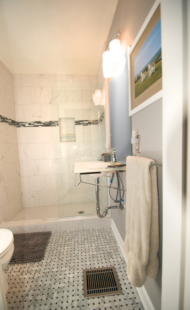 This is an example of a mid-sized eclectic 3/4 bathroom in Louisville with an open shower, a two-piece toilet, black and white tile, glass tile, grey walls, ceramic floors, a wall-mount sink and glass benchtops.