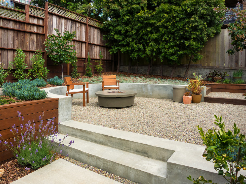 Photo of a mid-sized contemporary backyard patio in San Francisco with a fire feature and gravel.