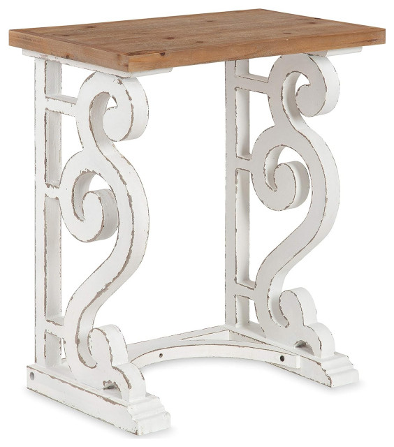 French Country End Table, Scrolled Base With Wood Top, Distressed White
