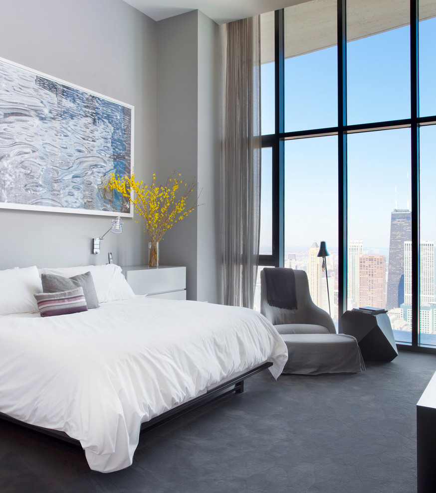Inspiration for a mid-sized contemporary master bedroom in Chicago with grey walls, carpet and grey floor.