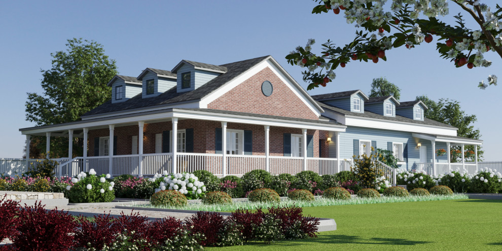 Großes, Zweistöckiges Landhaus Haus mit Backsteinfassade, bunter Fassadenfarbe, Mansardendach und grauem Dach in Sonstige