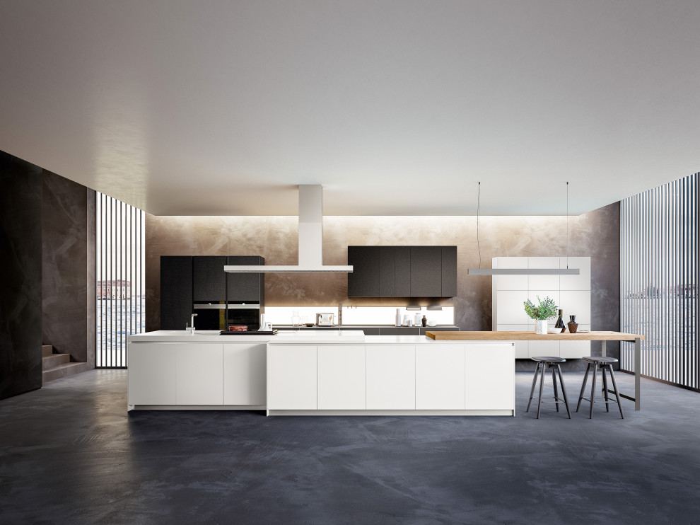 Mid-sized minimalist eat-in kitchen photo in Barcelona with raised-panel cabinets and an island