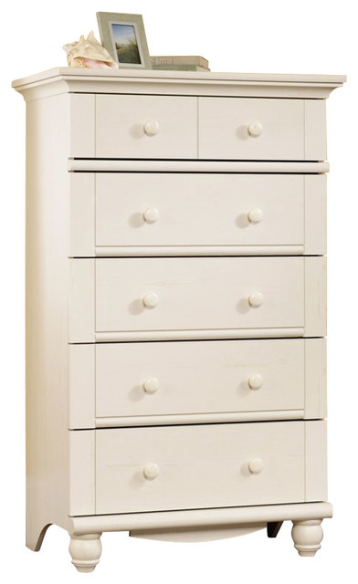 Sauder Harbor View 5 Drawer Chest In Antiqued White Traditional