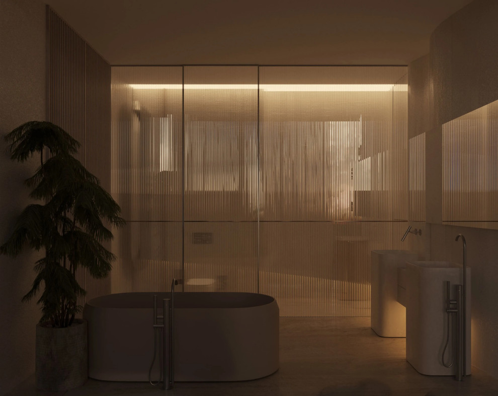 Imagen de cuarto de baño principal, único y a medida minimalista de tamaño medio con baldosas y/o azulejos beige, paredes beige, suelo de madera clara y suelo beige